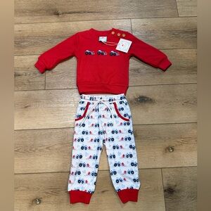 Smocked Flamingo Boys Long Sleeve Tractor Outfit Red 12 month